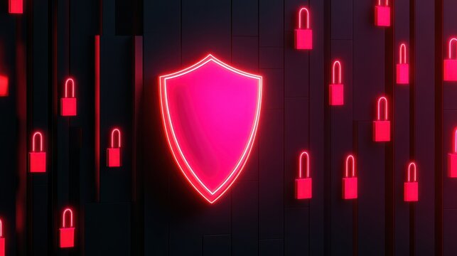 A glowing pink shield surrounded by neon pink locks against a dark background symbolizes security and protection.
