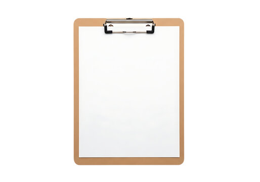 A blank white sheet of paper is securely held on a wooden clipboard with a silver clip against a black background