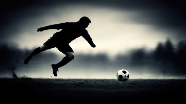 A dynamic silhouette of a soccer player sprinting toward a ball against a blurred, atmospheric field. - Powered by Adobe