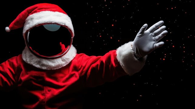 A figure in a red and white Santa Claus-inspired outfit and a reflective space helmet reaches out against a starry black background.