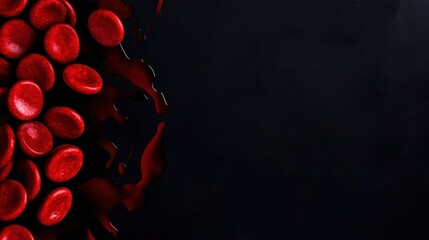 The image showcases a dark background with scattered red circular shapes resembling blood cells and splashes of deep red liquid, conveying vitality and movement.