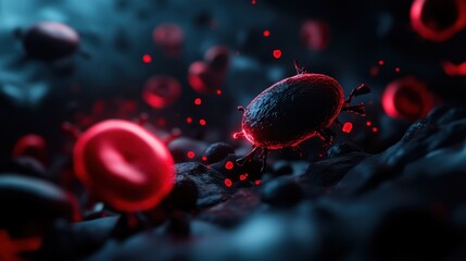 A close-up of red blood cells interacting with a virus in a dark, abstract setting.