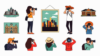 Digital illustrations portray enthusiastic photographers documenting various cityscapes and historic buildings, highlighting the joy of travel and creative pursuits.