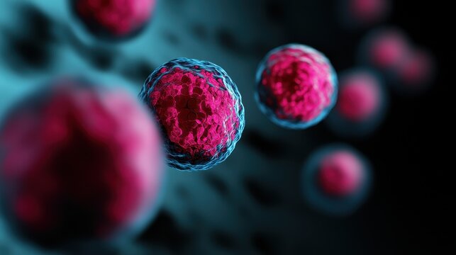 The image features stylized pink cells with blue outlines floating against a dark background, highlighting their structure and biological features.