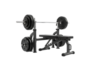 Gym bench press station with barbell and weight plates ready for strength training