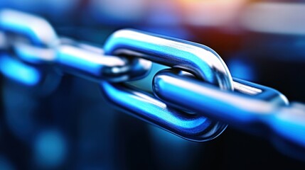 A close-up of a shiny metallic chain link with a blue hue, highlighting the texture and detail of interlocking links against a blurred background.