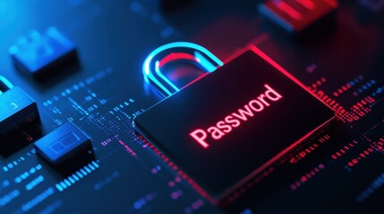 An illuminated padlock labeled "Password" rests on a dark circuit board, surrounded by keyboard keys and digital graphics.