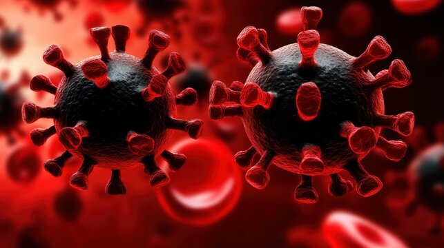 The image features stylized virus particles with dark central bodies and spike-like projections on a vivid red background.