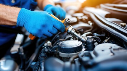 A person in blue gloves adjusts a car engine with a tool, highlighting the intricate details of the machinery.