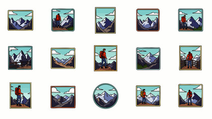 A vibrant collection of retro pixel art badges showcasing stunning mountain landscapes and adventurous hikers, perfect for digital design projects.