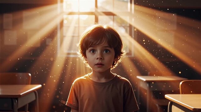 Young caucasian child standing alone in empty classroom with dramatic golden sunlight streaming through window creating magical dust particles and warm cinematic atmosphere