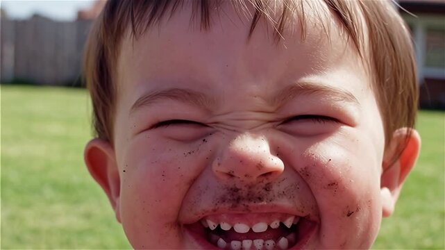 Young European boy with dirty face laughing hysterically outdoors with chocolate or mud covered cheeks and bright smile in sunny backyard