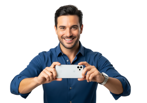 Smiling man holding a white smartphone horizontally against a black background showcasing a modern mobile device