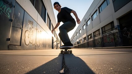 Young man skateboarding down an urban alleyway with graffiti on the walls during a bright sunny day, low angle view
