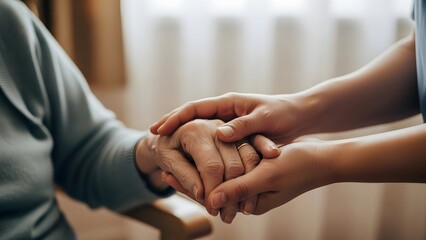 Closeup of a younger persons hands gently holding the wrinkled hands of an elderly senior citizen, symbolizing care, support, and compassion in a home or care setting