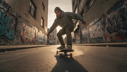 Young man wearing a beanie and hoodie skateboarding down a sunlit, graffiticovered urban alleyway at a low angle