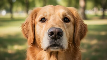 Closeup portrait of a beautiful golden retriever dog looking directly at the camera with a soft, blurred green park background