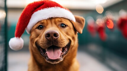 A cheerful brown dog in a Santa hat smiles at the camera with festive decorations and lights softly blurred in the background.