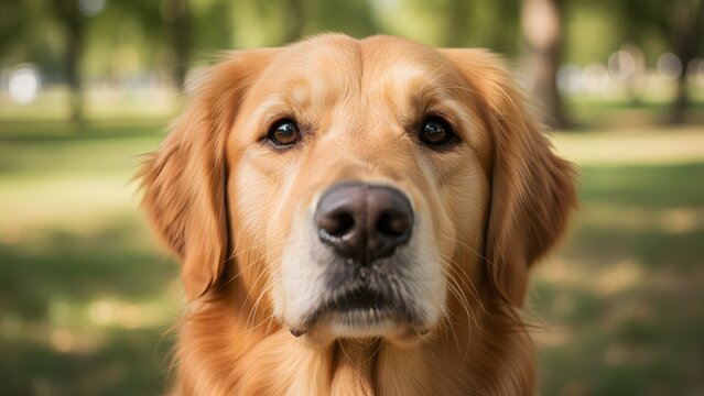 Closeup portrait of a beautiful golden retriever dog looking directly at the camera with a soft, blurred green park background
