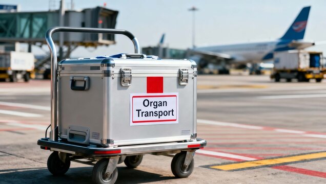 Organ transport medical cooler container on airport cart for emergency transplant delivery with commercial aircraft in background