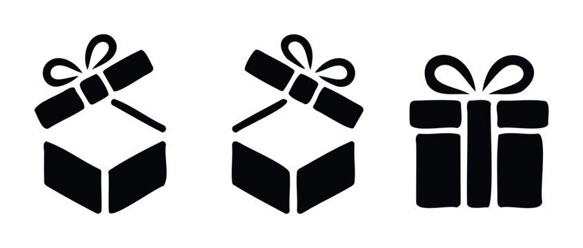 Set of black gift box icons with ribbons, representing surprise, presents and special occasions, perfect for holiday celebrations and event promotions.