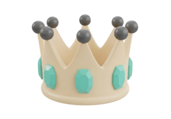 A whimsical cream colored crown adorned with teal blue jewels and gray spherical accents set against a stark black background