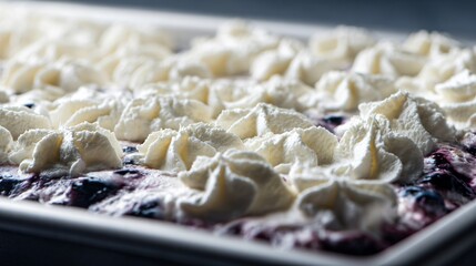Blueberry cobbler in baking tray, top layer of buttercream whipped to perfection