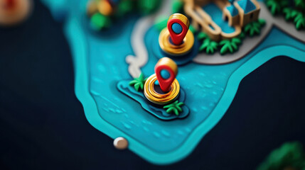 A vibrant map illustration showcases two red location pins above golden rings, with stylized blue water and small green palm trees.