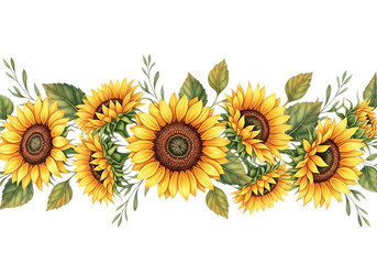 Vibrant watercolor border of blooming sunflowers with green leaves against a solid black background