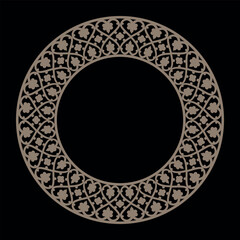 Oriental gold vector round frame with arabesques and floral pattern. Gold ornate round border vintage style. For laser cutting, engraving, ceramic, plate, wedding Invitation, Scrapbooking design