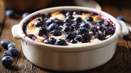Blueberry cobbler in ceramic baking dish, creamy topping glistening, wooden table background