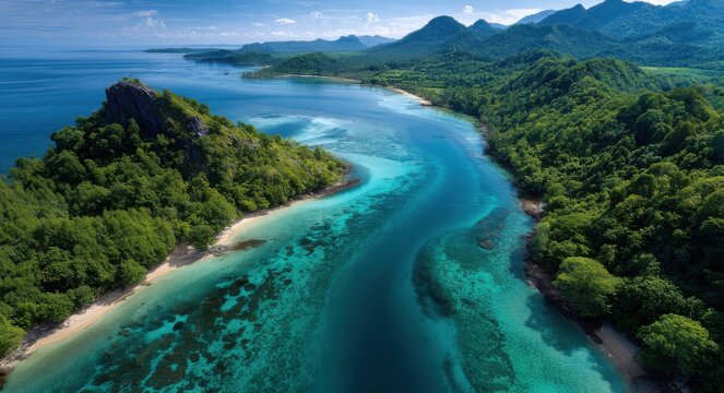 aerial view of ripa island in the western papua province, featuring turquoise waters and multiple islands with lush greenery.