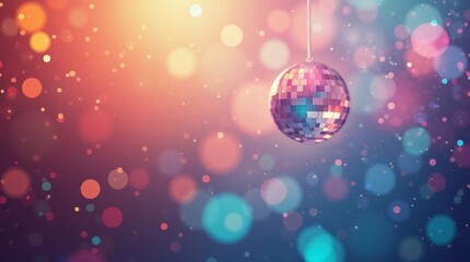 Colorful disco ball with glowing bokeh lights in festive atmosphere, symbolizing party, celebration and holiday mood copy space.