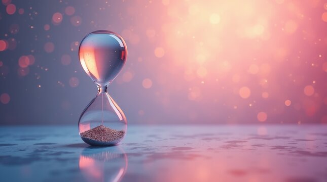 Glass hourglass with falling sand on colorful bokeh background symbolizing time, deadline, countdown and passing moments copy space.