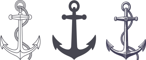 Nautical ship anchor vector set, traditional navy drawing with rope, maritime symbol, tattoo design, line art, silhouette, and vintage engraving