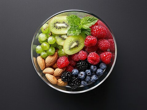 A glass bowl filled with a colorful assortment of fresh fruit and nuts, including kiwi, raspberries, blueberries, blackberries, grapes, almonds, and mint leaves