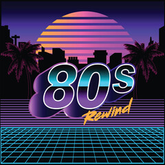 Vibrant retro 80s synthwave design featuring neon colors, palm trees, sunset gradient, and bold typography. Perfect for nostalgic themes, music events, posters, digital art, and promotion
