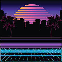 Vaporwave sunset design featuring a glowing retro sun, palm tree silhouettes, neon grid floor, and cyan&ndash;purple checkerboard pattern, creating a bold 80s synthwave nostalgic aesthetic.