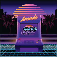 Retro 80s arcade machine illustration with neon lights, vibrant synthwave colors, palm trees, and grid floor. Perfect for gaming posters, nostalgia themes, digital art, and vintage retro designs.