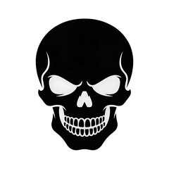 Fototapeta premium Stylized graphic illustration of a black skull with glowing white eyes and teeth isolated on transparent background