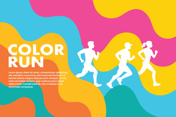 Colorful vector silhouette illustration of a group of men and women running together in dynamic motion. Each runner is designed in a different vibrant color—orange, yellow, blue, pink, green, and cyan