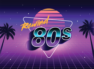 Vibrant retro 80s synthwave design featuring neon colors, palm trees, sunset gradient, and bold typography. Perfect for nostalgic themes, music events, posters, digital art, and promotion