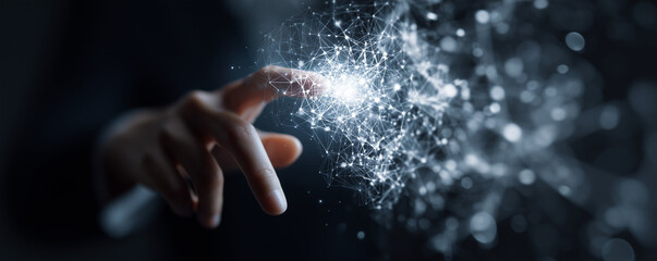 Big Data concept. Digital neural network.Business woman hand touching Introduction of artificial intelligence. Cyberspace of future.Science and innovation of technology