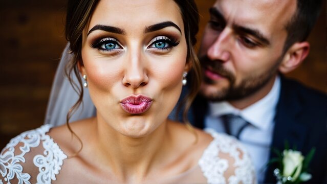 Playful Bride Making Duck Face with Groom Portrait