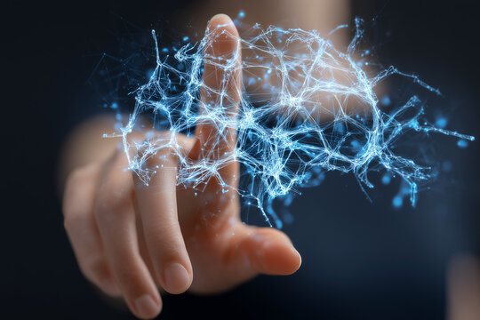Big Data concept. Digital neural network.Business woman hand touching Introduction of artificial intelligence. Cyberspace of future.Science and innovation of technology