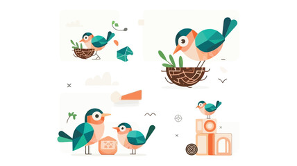 Playful geometric bird scene banner with vibrant colors and modern abstract design elements