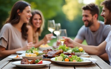 Joyful People Enjoying Outdoor Picnic with Delicious Barbecue, Salad, and Wine - Summer Vacation Concept,Backyard dinner table have a tasty grilled BBQ meat, Salads and wine with happy joyful people