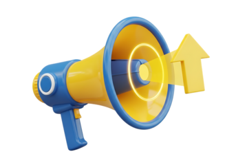Yellow and blue megaphone with an upward trending arrow symbolizing promotion and growth