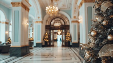 Festive hotel lobby shimmering with Christmas decor and soft dreamy blurred lights.