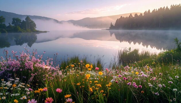 A beautiful lake scene with colorful wildflowers in the foreground, mist over the water, and mountains in the background at sunrise.